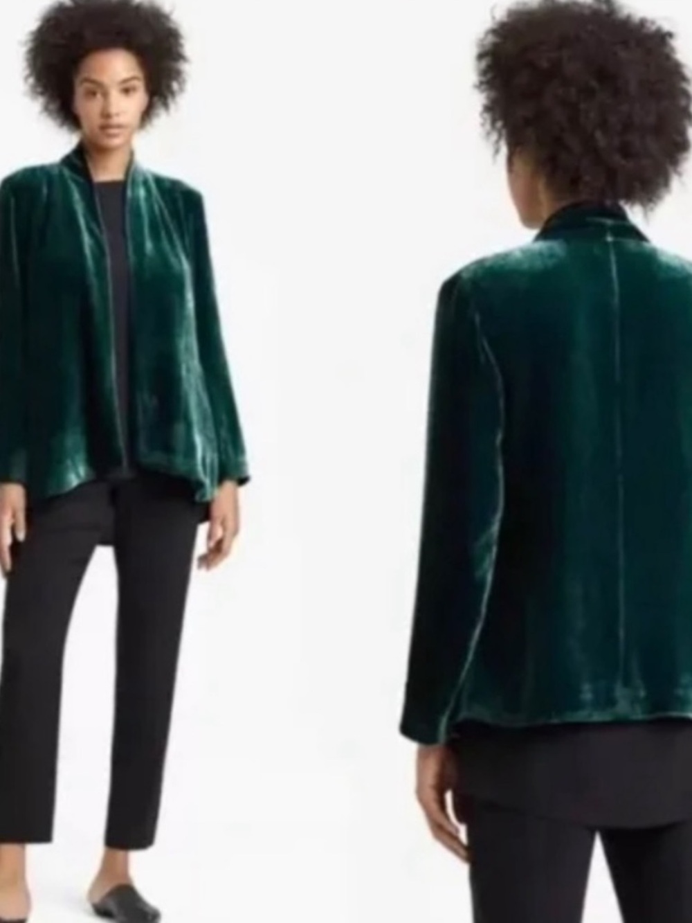 Eileen Fisher Pine Emerald Green Angled Shaped Jacket Cardigan Blazer Velvet S